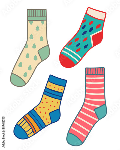 Set of hand drawn colorful socks isolated on white background. Cartoon style vector illustration