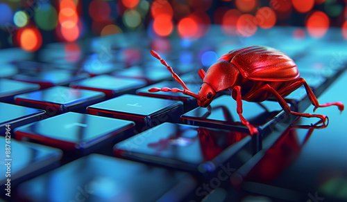 illustration of a bug walking on a computer keyboard. The concept of computer bug, malware, spyware and other malicious software from the threat actor. 