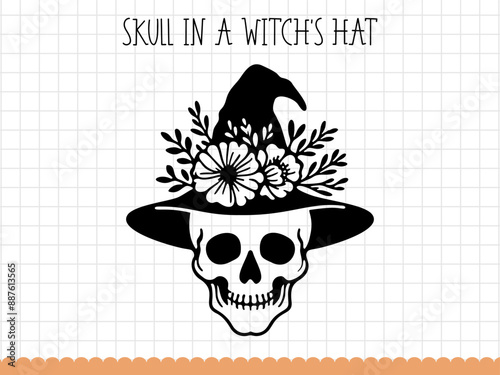 Hand drawn skull in witches hat, Halloween vector illustartion.