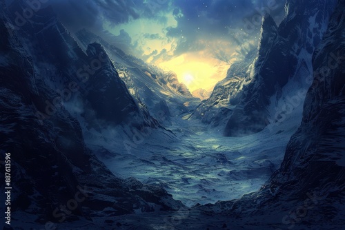 Mystical mountain landscape with glowing crevasse and starry sky