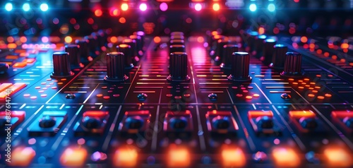 Futuristic Digital Music Equalizer with Colorful 3D Lights and Sound Mixer Interface