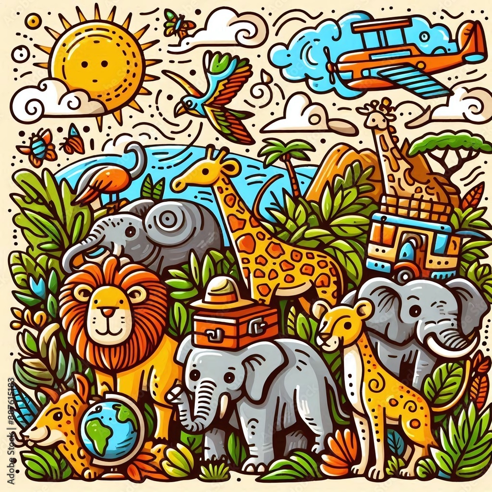 Safari Doodle art cartoon of wild animals including a zebra and a giraffe Safari Doodle art cartoon of wild animals including a zebra and a giraffe