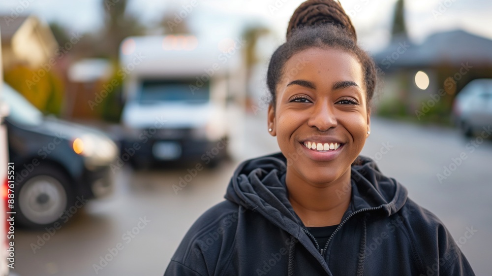 A friendly female courier in a delivery uniform smiles warmly at the camera, surrounded by delivery vehicles and packages, showcasing dedication and punctuality in her express delivery service A friendly female courier in a delivery uniform smiles warmly at the camera, surrounded by delivery vehicles and packages, showcasing dedication and punctuality in her express delivery service