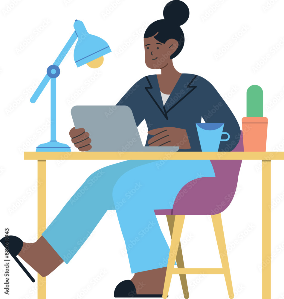 Ilustración de una joven negra profesional trabajando en su escritorio desde casa, usando una computadora portátil. La escena incluye elementos como una taza de café y documentos, representando el tel Ilustración de una joven negra profesional trabajando en su escritorio desde casa, usando una computadora portátil. La escena incluye elementos como una taza de café y documentos, representando el tel