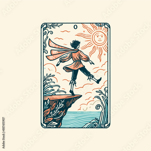 The Fool Tarot Card: Hand-Drawn Sunlit Cliff Illustration