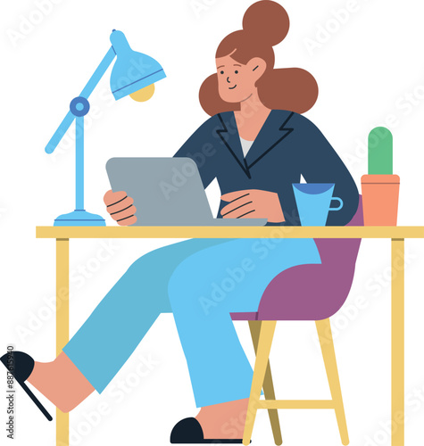 Ilustración de una joven profesional trabajando en su escritorio desde casa, usando una computadora portátil. La escena incluye elementos como una taza de café y documentos, representando el teletraba