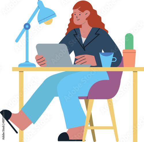 Ilustración de una joven pelirroja profesional trabajando en su escritorio desde casa, usando una computadora portátil. La escena incluye elementos como una taza de café y documentos, teletrabajando
