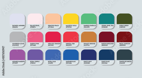 Royal Color Guide Palette with Color Names. Catalog Samples Royals with RGB HEX codes and Names. Plastic Colors Palette Vector, Wood and Paint Royal Color Palette, Fashion Trend Royal Color Palette