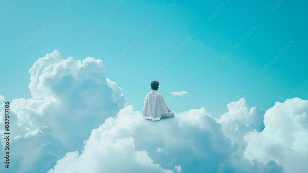 Woman in White Dress Emerging from Cloud in Surreal Sky Woman in White Dress Emerging from Cloud in Surreal Sky