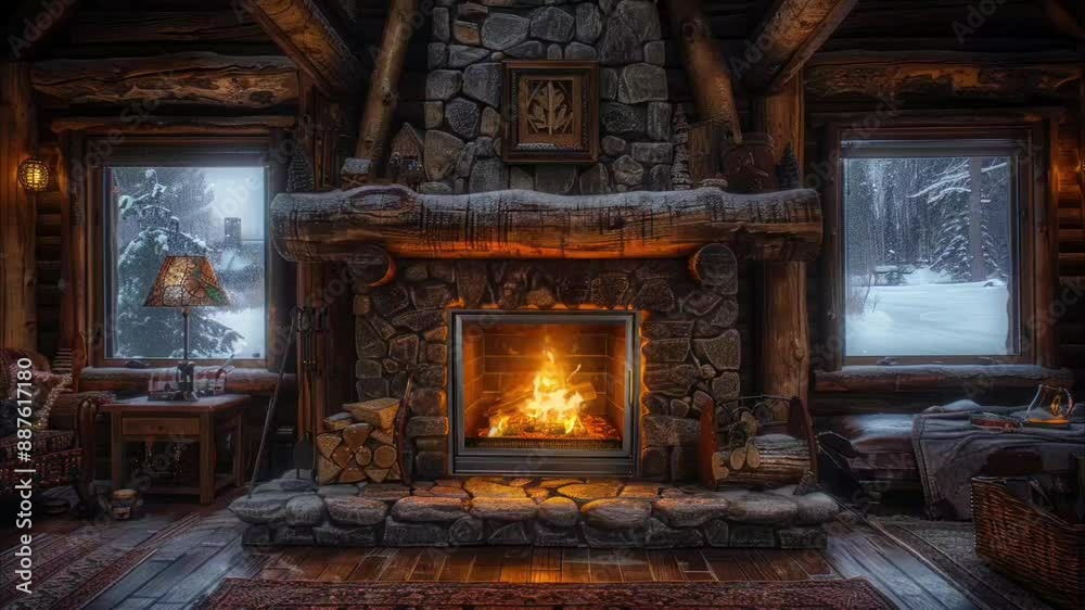 Cozy library with a stone fireplace and shelves filled with books during winter. Warm reading nook concept Cozy library with a stone fireplace and shelves filled with books during winter. Warm reading nook concept