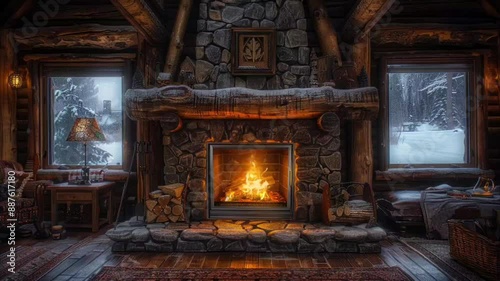 Cozy library with a stone fireplace and shelves filled with books during winter. Warm reading nook concept