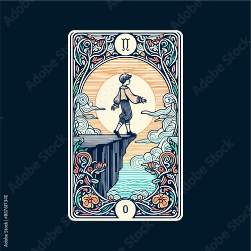 The Fool Tarot Card: Hand-Drawn Ornate Sunlit Illustration