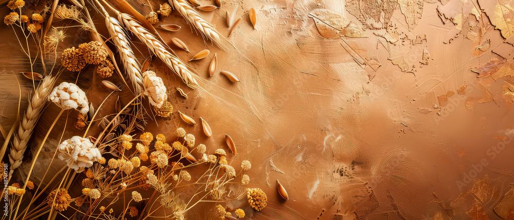 Harvest festival concept. Fall background with golden wheat, grain, dry herbs. Lammas day mockup. Autumn Layout with copy space. Generative ai Harvest festival concept. Fall background with golden wheat, grain, dry herbs. Lammas day mockup. Autumn Layout with copy space. Generative ai