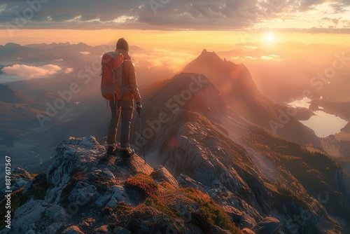 Hiker standing on a mountain peak, basking in a stunning sunrise view, surrounded by dramatic landscapes and cloudy skies.