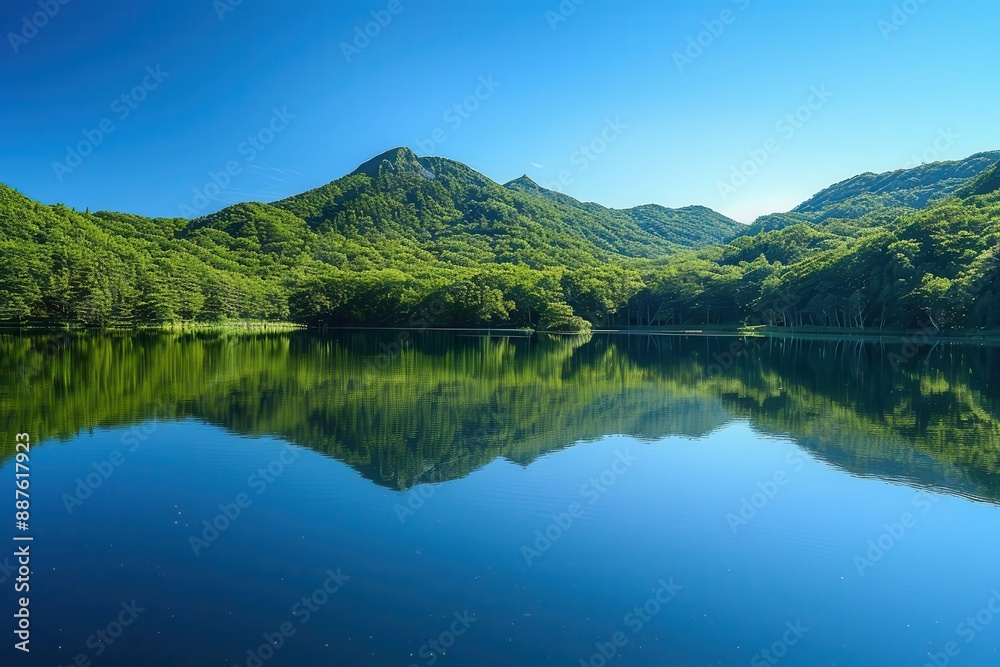 Serene mountain lake with lush green forests, clear blue sky, and mirror-like water reflection, perfect for nature and landscape backgrounds. Serene mountain lake with lush green forests, clear blue sky, and mirror-like water reflection, perfect for nature and landscape backgrounds.