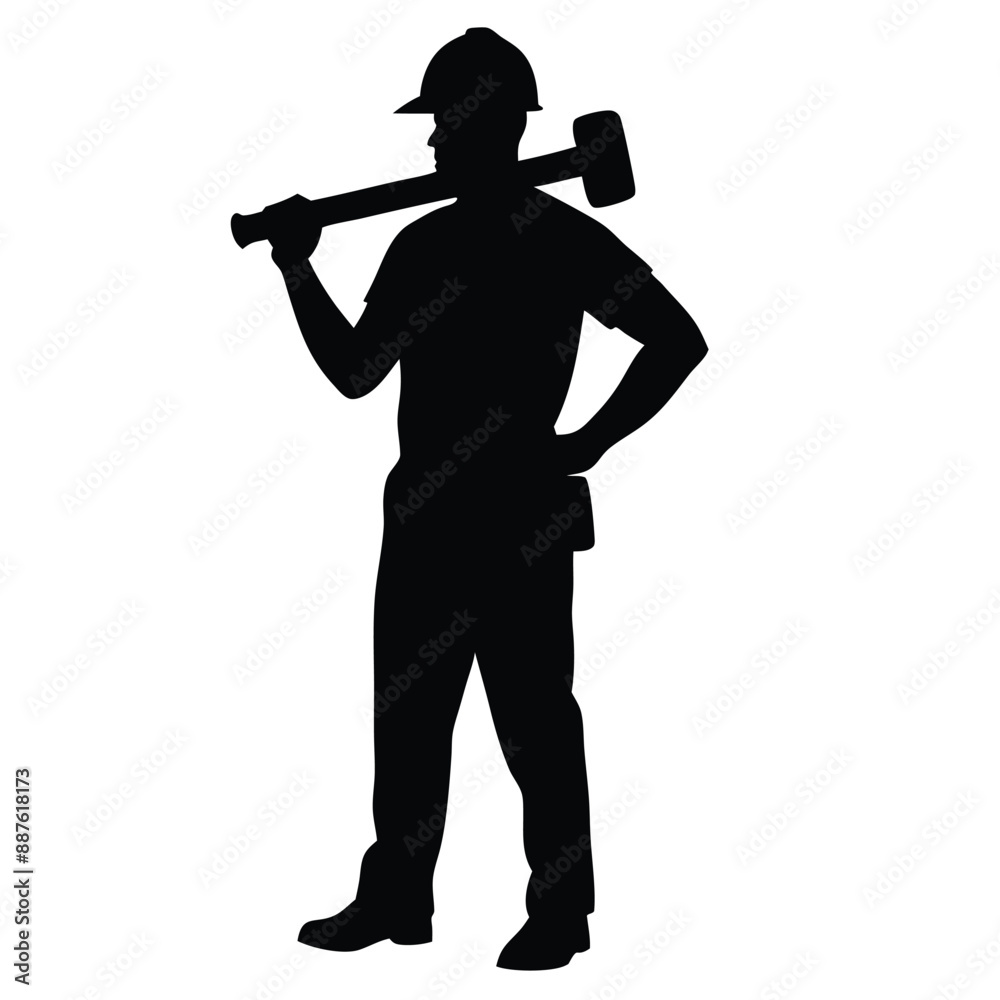 Construction worker silhouette vector holding a hammer on a white background Construction worker silhouette vector holding a hammer on a white background