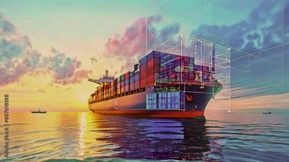 A container ship sails on calm waters under a colorful sky with a ...