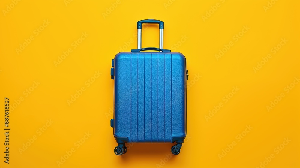 Blue suitcase on yellow background with copy space, travel and holidays concept Blue suitcase on yellow background with copy space, travel and holidays concept