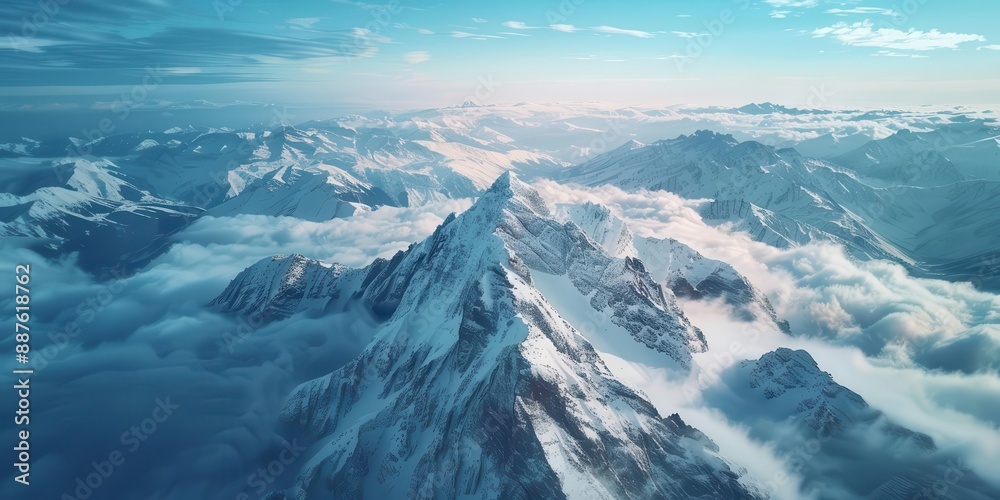 Fototapeta premium Breathtaking aerial view of snow-covered mountain peaks surrounded by clouds under a clear blue sky, showcasing nature's raw beauty.