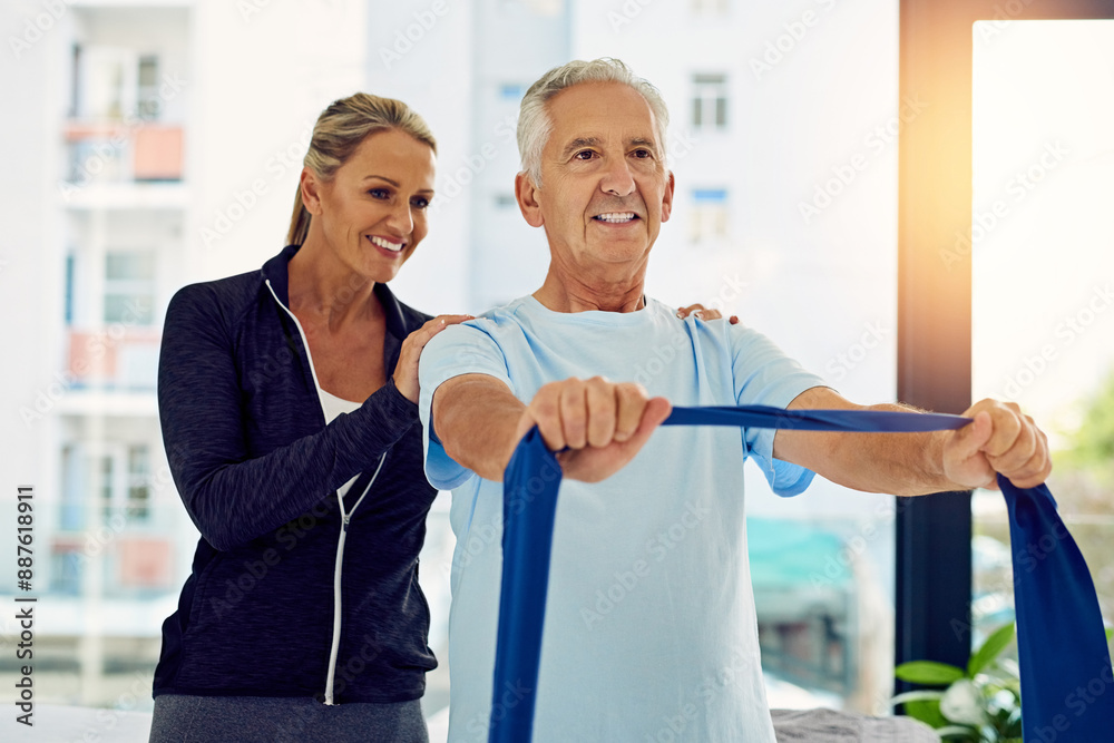 Obraz premium Senior, woman and resistance band with physiotherapist for physical therapy, mobility exercise and arthritis management. Geriatric physiotherapy, man and stretching arm for rehabilitation and muscle.
