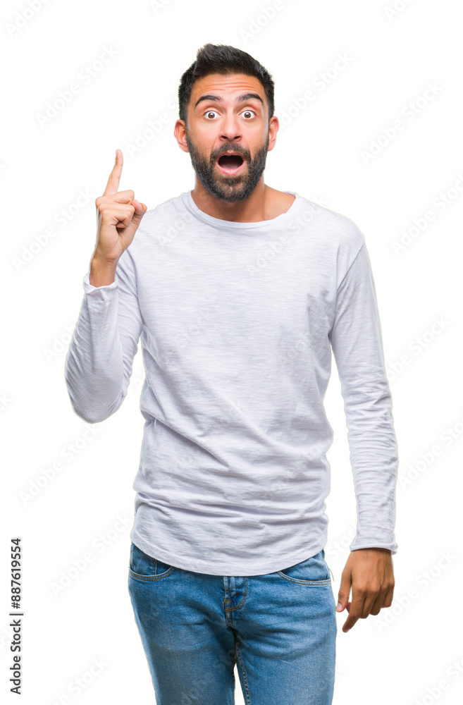 Adult hispanic man over isolated background pointing finger up with successful idea. Exited and happy. Number one. Adult hispanic man over isolated background pointing finger up with successful idea. Exited and happy. Number one.