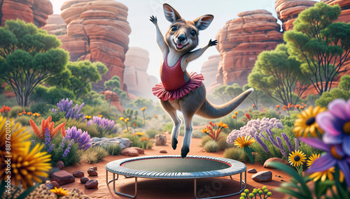 Kangaroo in tutu jumping on trampoline in colorful desert.