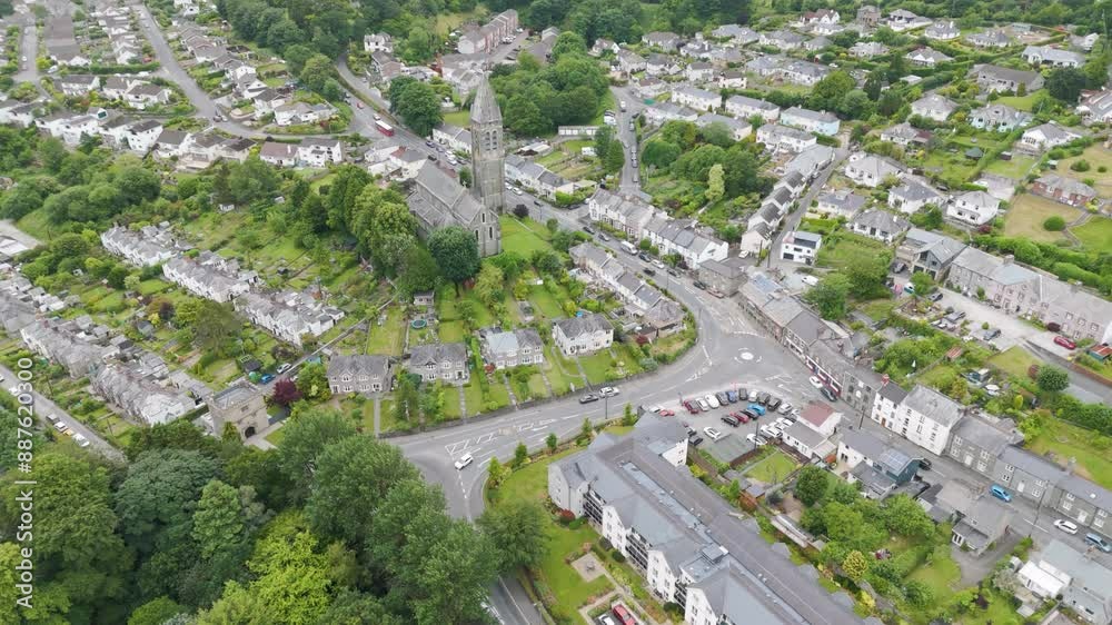 Aerial view of the historic town of Tavistock with prominent landmarks and greenery, Devon, UK Aerial view of the historic town of Tavistock with prominent landmarks and greenery, Devon, UK