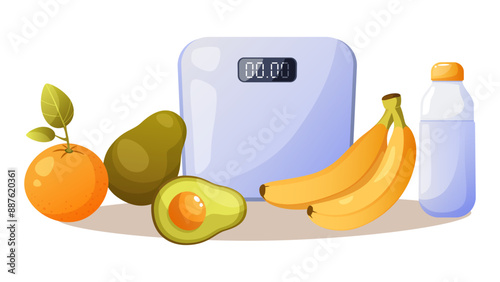 Floor scales, fruits, a bottle of water and an avocado. Weight loss, diet, healthy lifestyle, veganism, proper nutrition, fitness. Clipart on a white background on the theme of healthy eating