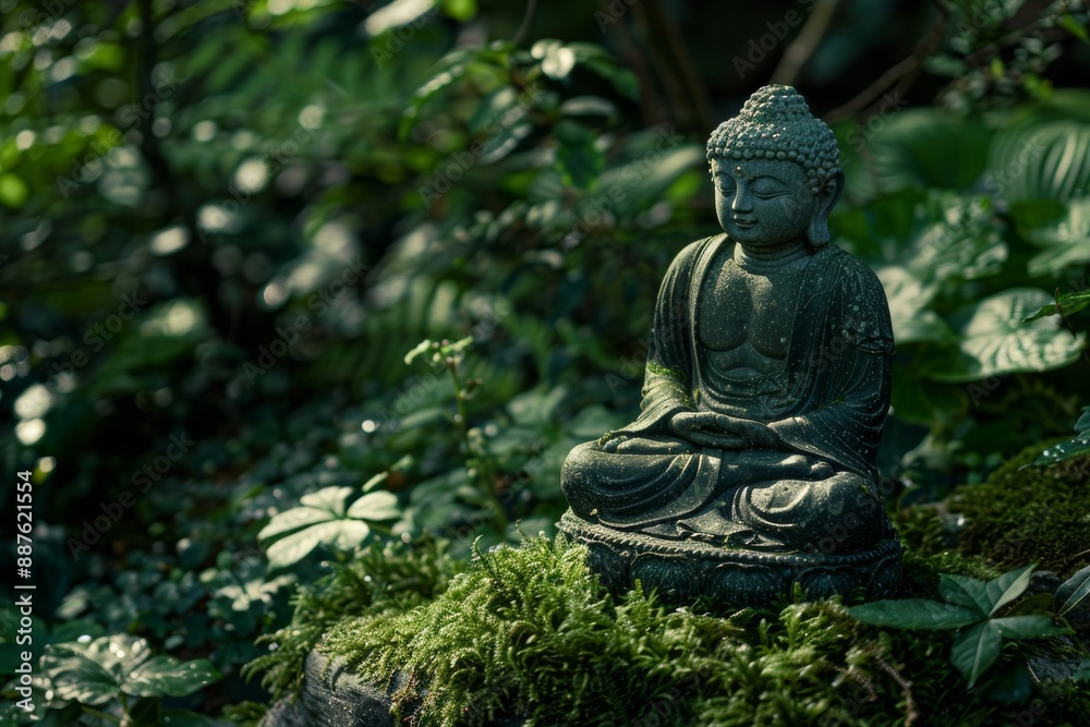 A peaceful and detailed scene of a green Buddha statue sitting in a lush garden, surrounded by vibrant foliage and moss A peaceful and detailed scene of a green Buddha statue sitting in a lush garden, surrounded by vibrant foliage and moss