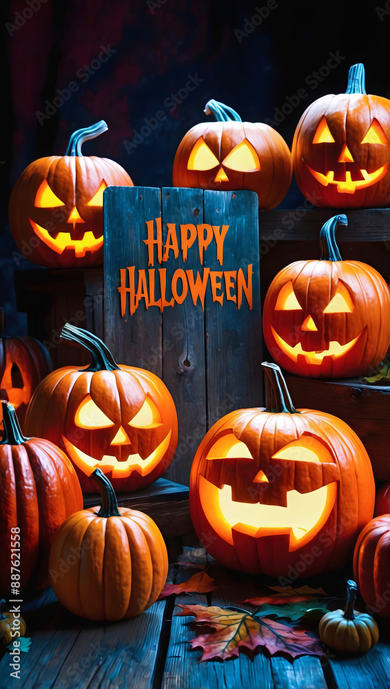 Text Happy Halloween, scary carved glowing pumpkins, festive background, jack-o-lantern, October 31. holiday, poster, template