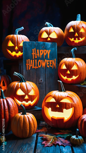 Obraz na płótnie Text Happy Halloween, scary carved glowing pumpkins, festive background, jack-o-lantern, October 31. holiday, poster, template w salonie