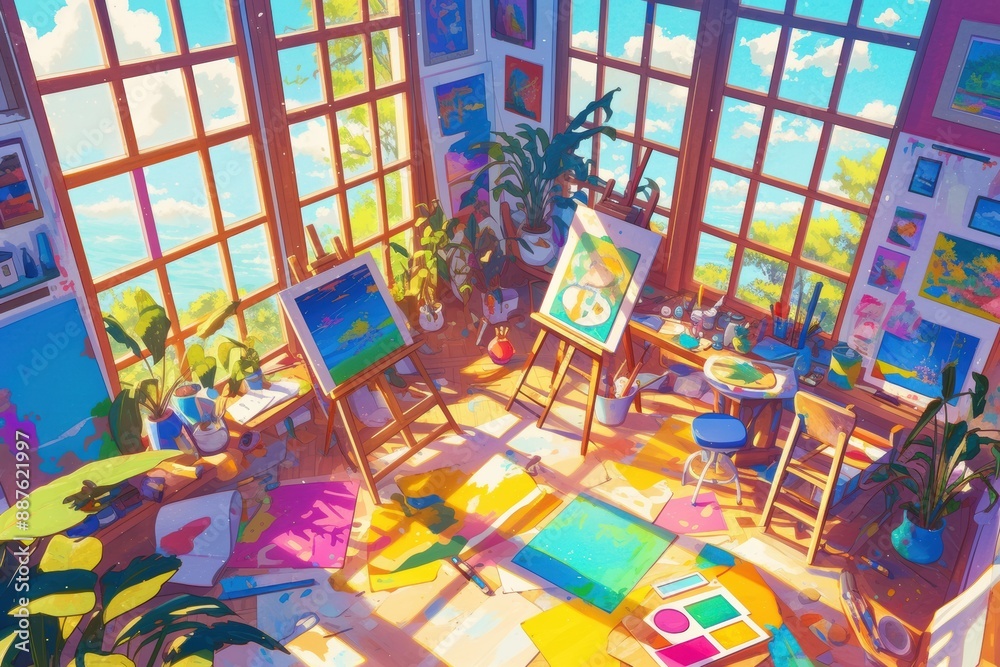 A vibrant studio scene with a person painting on a canvas, surrounded by colorful paints, brushes, and a palette, with artworks displayed on the walls A vibrant studio scene with a person painting on a canvas, surrounded by colorful paints, brushes, and a palette, with artworks displayed on the walls