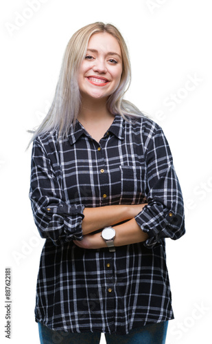 Young blonde woman over isolated background happy face smiling with crossed arms looking at the camera. Positive person.