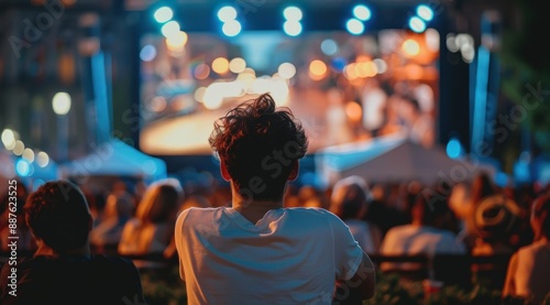 A man is sitting in a crowd watching a movie. The movie is projected on a large screen in front of him. The atmosphere is lively and exciting, with many people around him enjoying the show