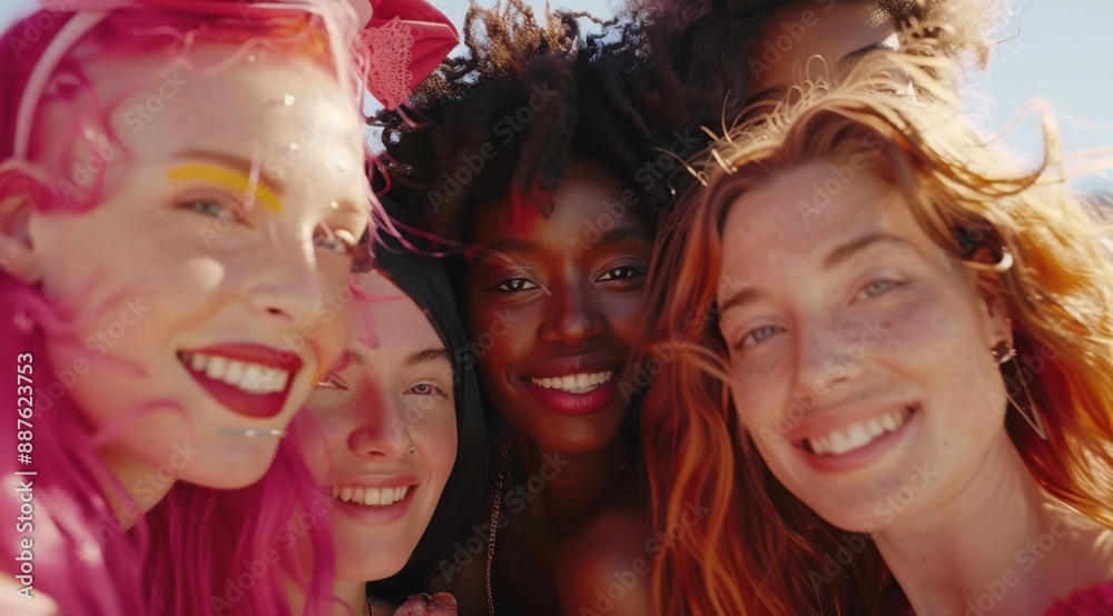 Obraz premium A group of women with different hair colors and styles are smiling for a photo. Scene is happy and friendly, as the women are posing together and enjoying each other's company