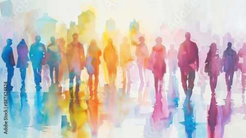 A painting of a group of people walking down a street with a rainbow background. The painting is abstract and colorful, with each person's reflection in the water adding to the overall effect