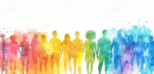 A group of people are standing in a line, with some of them holding hands. The image has a vibrant and colorful feel to it, with each person in the line wearing a different color
