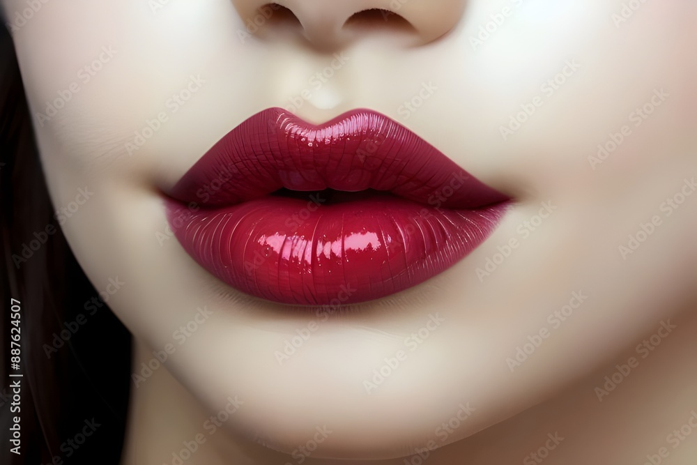 Fototapeta premium beautiful young woman luscious, full, pouty red lips, lipstick, closeup, makeup, beauty, glamorous, feminine, sensual, alluring, seductive, glossy, vibrant, radiant, model, elegance, striking, bold