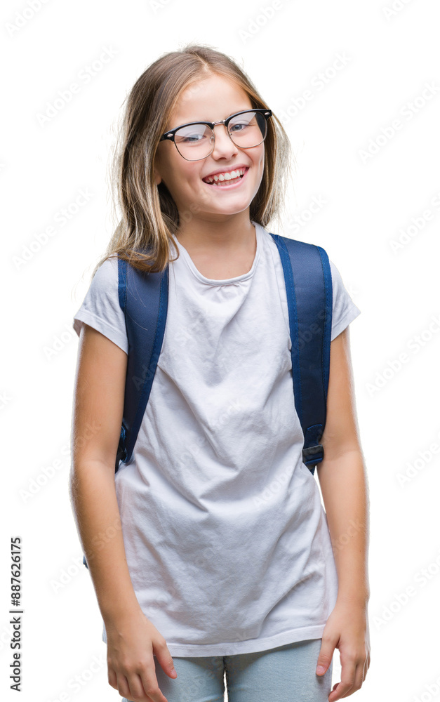 Young beautiful smart student girl wearing backpack over isolated background looking away to side with smile on face, natural expression. Laughing confident. Young beautiful smart student girl wearing backpack over isolated background looking away to side with smile on face, natural expression. Laughing confident.