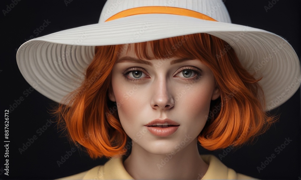 portrait of a young woman with orange hair wearing a white hat portrait of a young woman with orange hair wearing a white hat