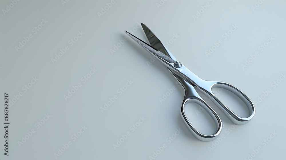 A close-up view of a shiny metal scissor placed on a blank surface, ideal for craft and office use. A close-up view of a shiny metal scissor placed on a blank surface, ideal for craft and office use.