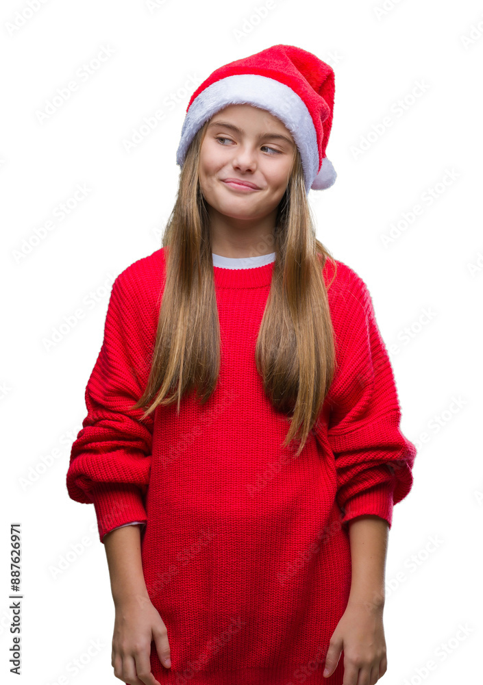 Young beautiful girl wearing christmas hat over isolated background smiling looking side and staring away thinking. Young beautiful girl wearing christmas hat over isolated background smiling looking side and staring away thinking.