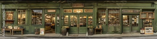 Olive green storefront with rustic wooden elements, large display windows, and nostalgic signs.