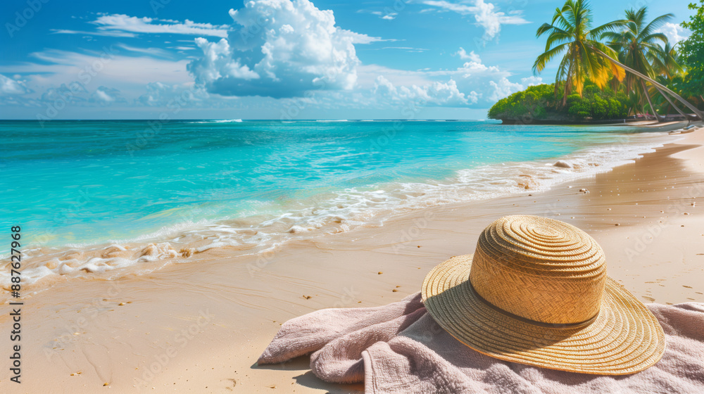 Beach accessories straw hat, towel on sunny tropical Caribbean beach with palm trees and turquoise water, caribbean island vacation, hot summer day Beach accessories straw hat, towel on sunny tropical Caribbean beach with palm trees and turquoise water, caribbean island vacation, hot summer day