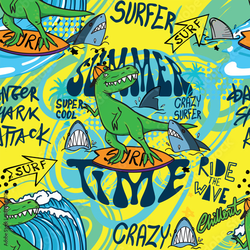Bright cool seamless pattern with dinosaur on a surfboard. Summer background with t rex.For textile, kids wear, fabric and more
