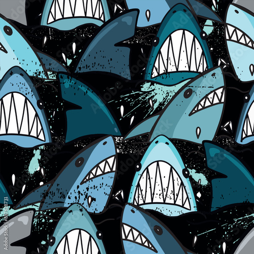 Seamless  Sketch  shark pattern, print for T-shirts, textiles, wrapping paper, web. Original design with shark  silhouette .  grunge design for boys and girls
