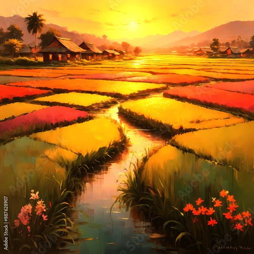 Vibrant oil on canvas, capturing the warm hues of a sunset at the serene rice fields near a quaint village, where rustic wooden houses seemingly blend into the lush greenery. Soft, feathery brushstrok photo