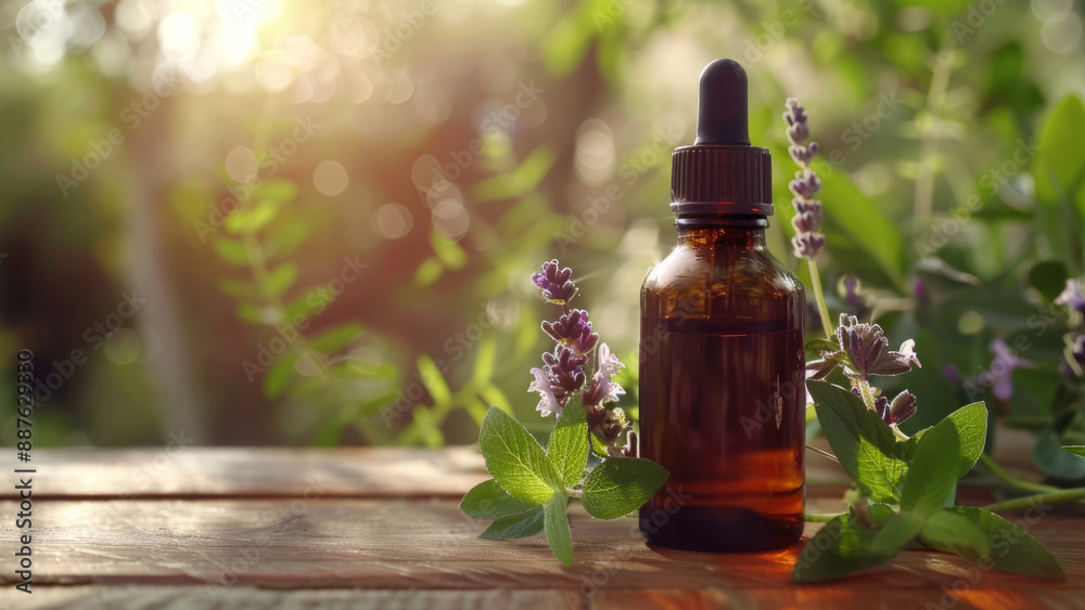 Amber Dropper Bottle with Herbal Plants on a Rustic Wooden Table in Sunlight Amber Dropper Bottle with Herbal Plants on a Rustic Wooden Table in Sunlight