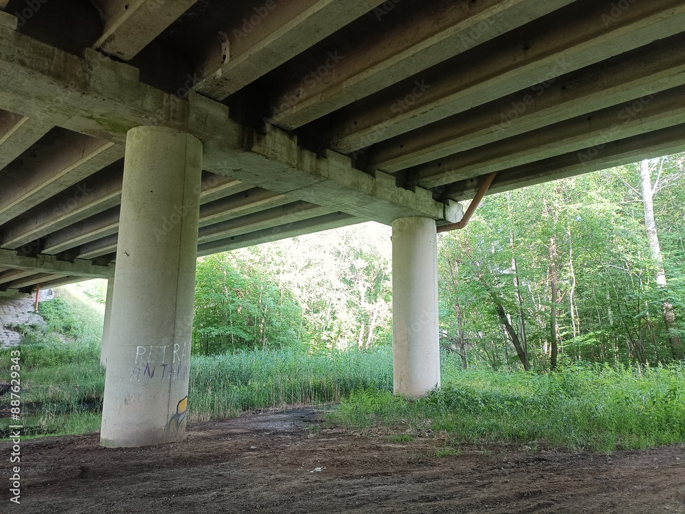 Bridge. Concrete bridge. Sunny day. Countryside. Field and trees. Bridge. Concrete bridge. Sunny day. Countryside. Field and trees.