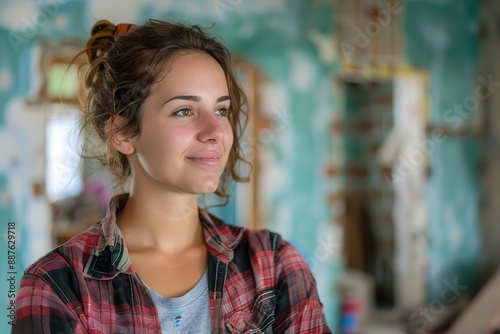 A young woman with a hopeful expression looks towards the future in a room under construction.